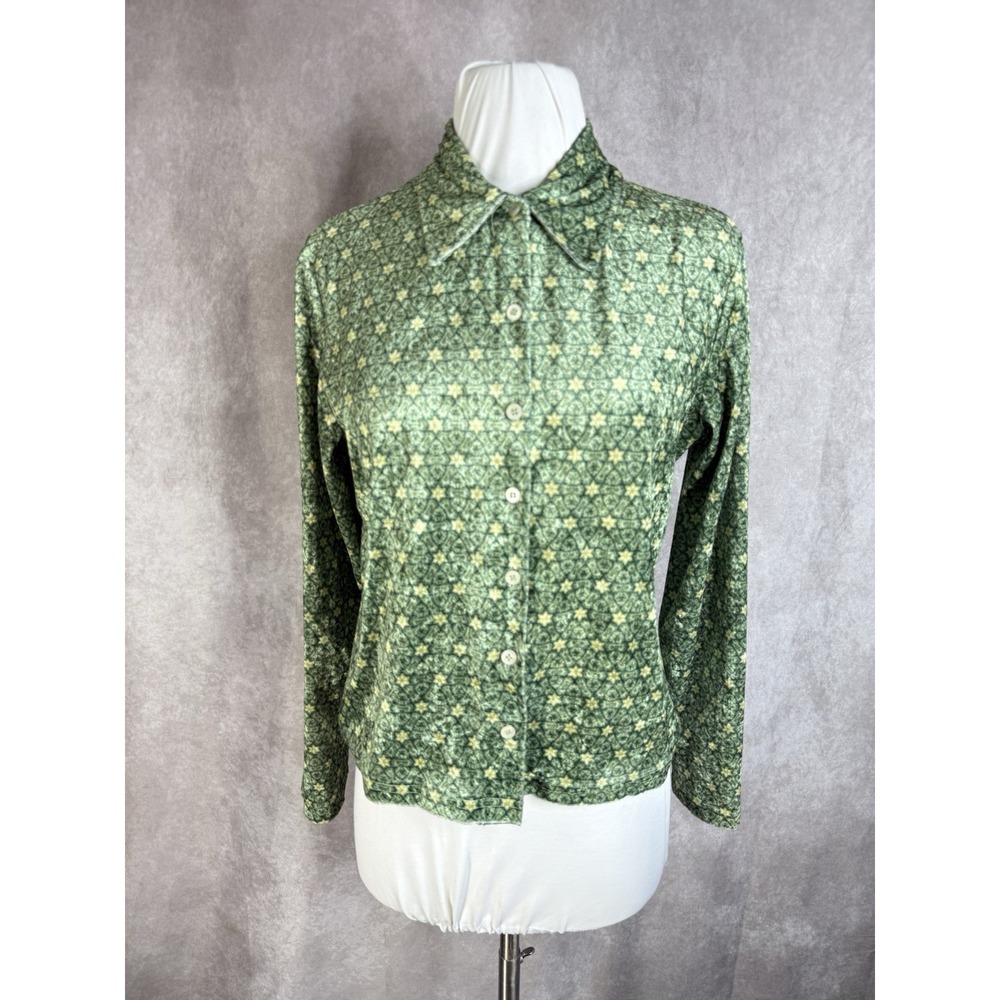 Vintage Y2K Uncivilized 90's Club Velour Velvet Button Down Top Green Size L